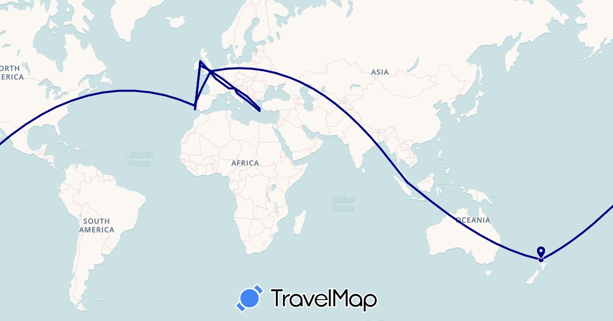 TravelMap itinerary: driving in France, United Kingdom, Greece, Ireland, Italy, Montenegro, New Zealand, Portugal, Singapore, United States (Asia, Europe, North America, Oceania)